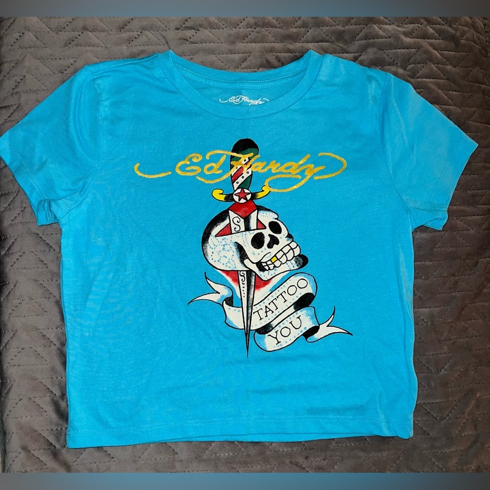🌹 Ed Hardy 💀 Tattoo You Light Blue Women’s Tee Skull sz XS